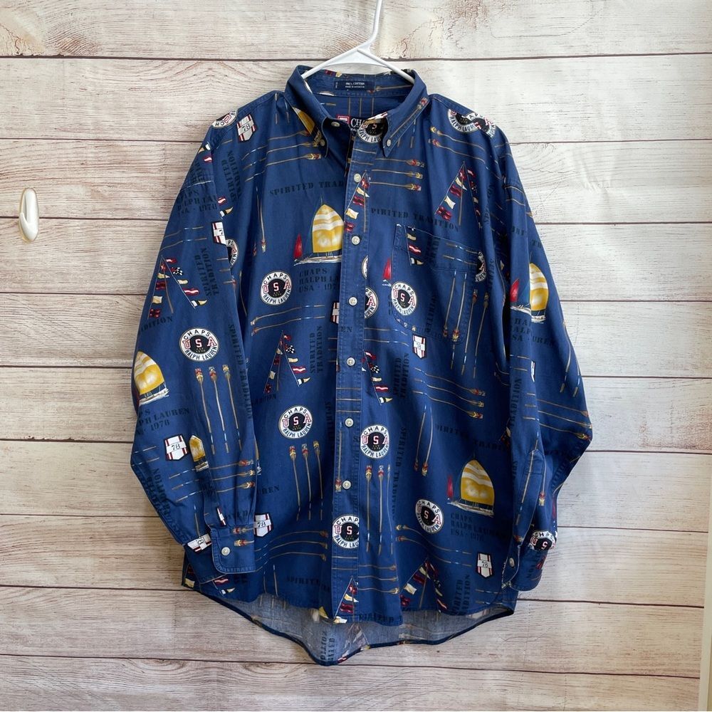 VINTAGE CHAPS RALPH LAUREN NAUTICAL PRINT BUTTON FRONT SHIRT IN NAVY‎ BLUE